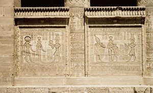 Two Reliefs Depicting a Pharaoh Making an Offering to Hathor and Horus, and Hathor Suckling the Young Ihy